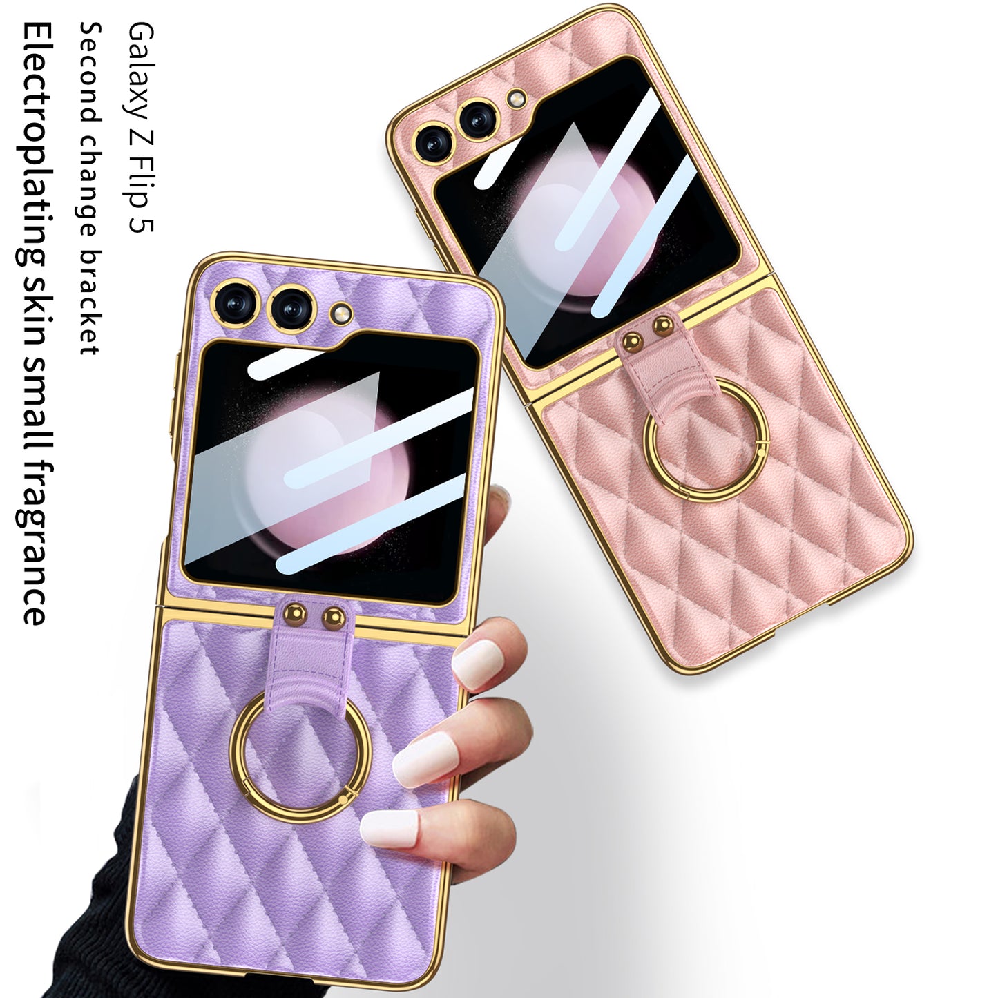 Luxurious Rhombic Leather Electroplating Protective Phone Case For Samsung Galaxy Z Flip5 Flip4 Flip3 5G