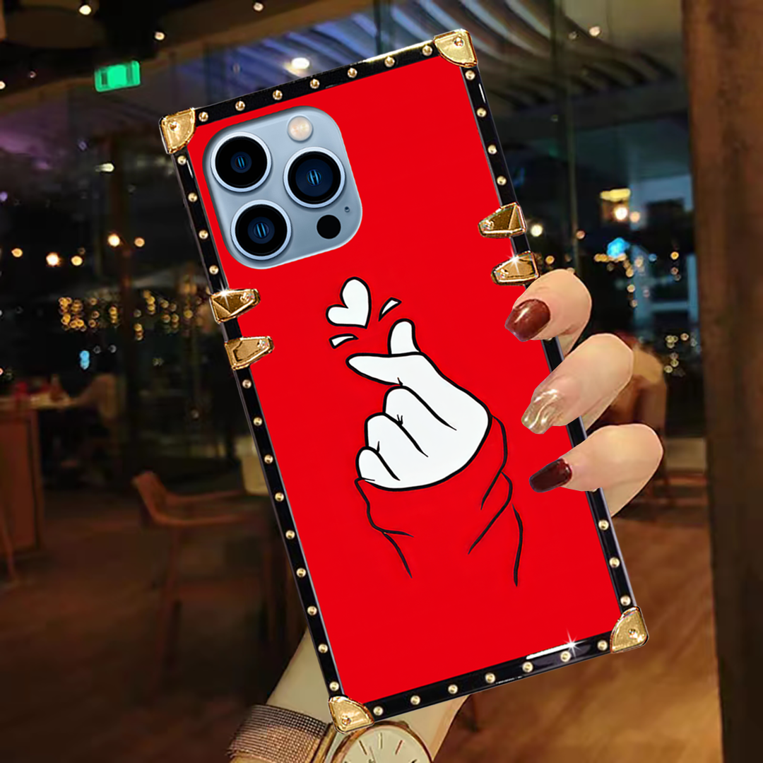 Luxury Brand Finger Hearts Gold Square Case For iPhone