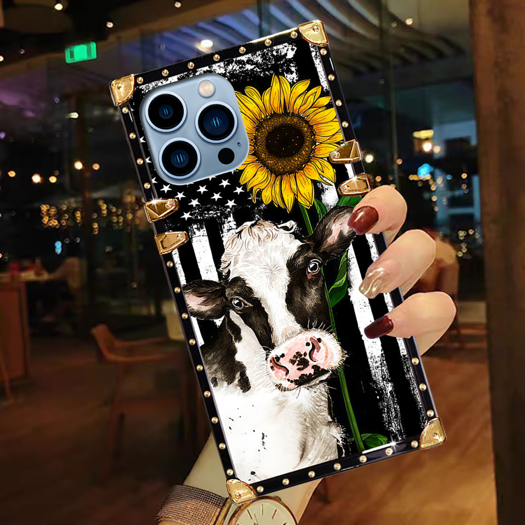 Luxury Brand Cow Sunflower Gold Square Case For iPhone