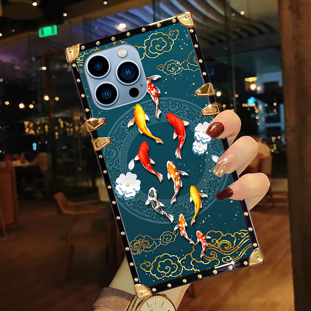 Luxury Brand Goldfish Pattern Gold Square Case For iPhone