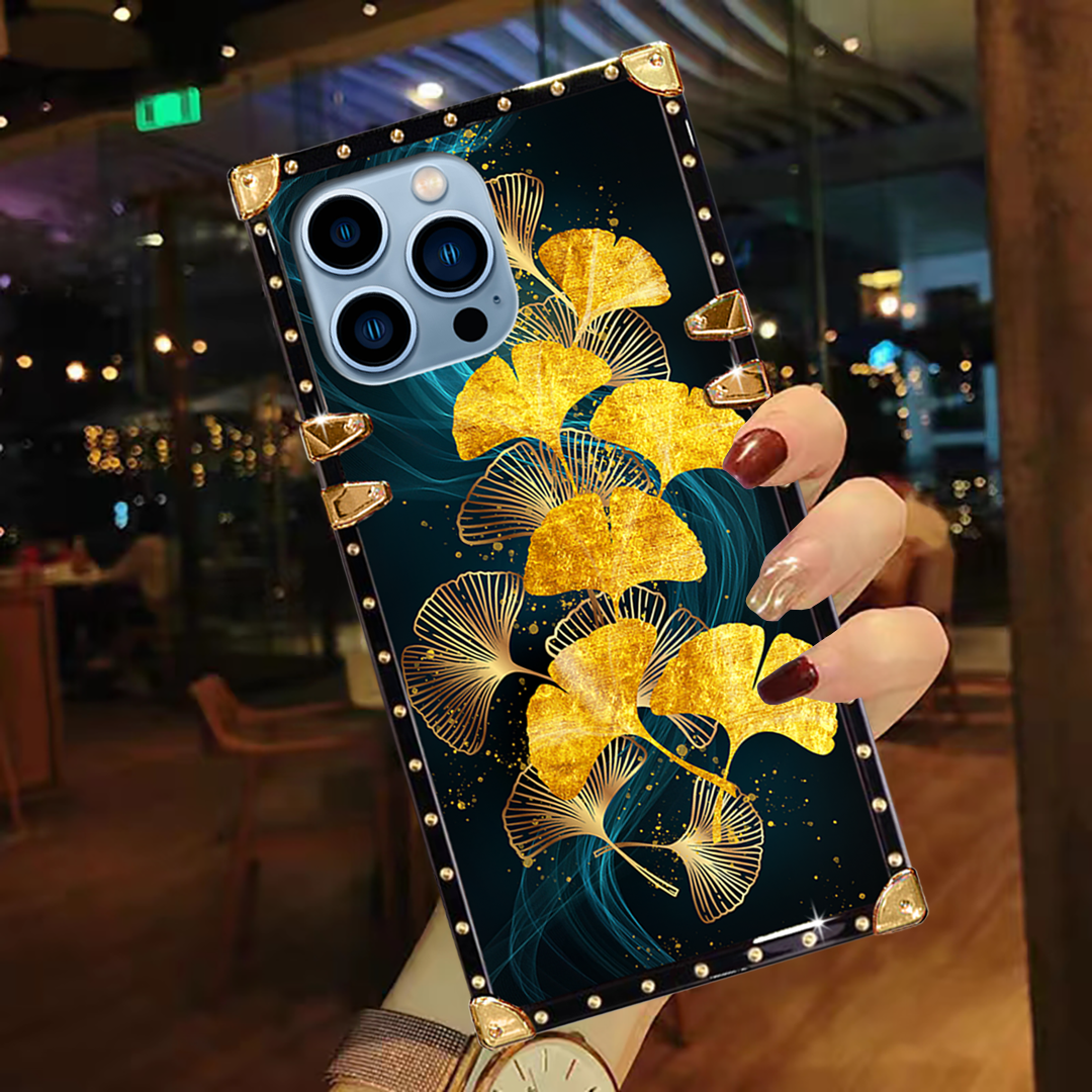 Luxury Brand Ginkgo Biloba Gold Square Case For iPhone