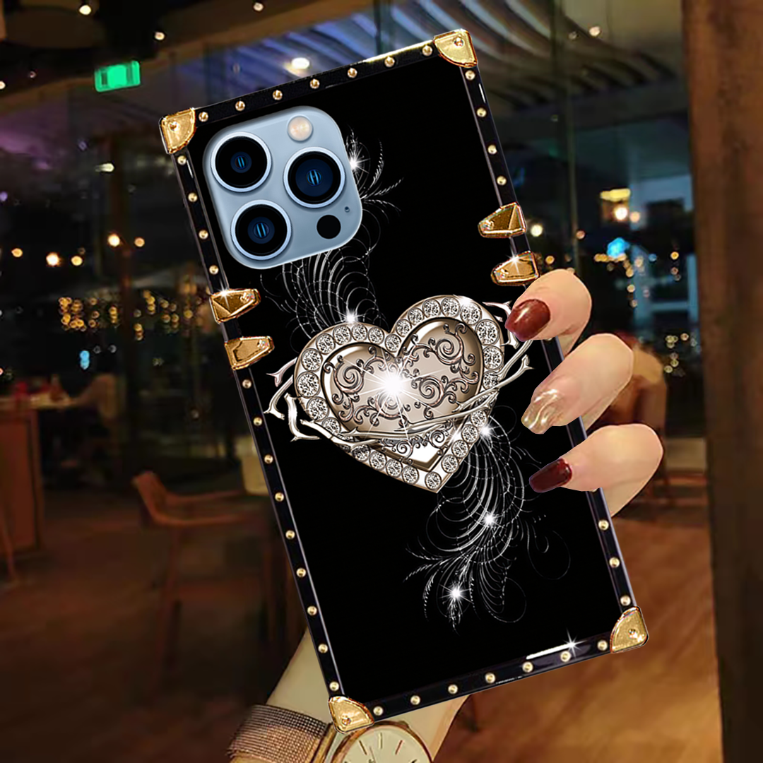 Luxury Brand Diamond Heart Gold Square Case For iPhone