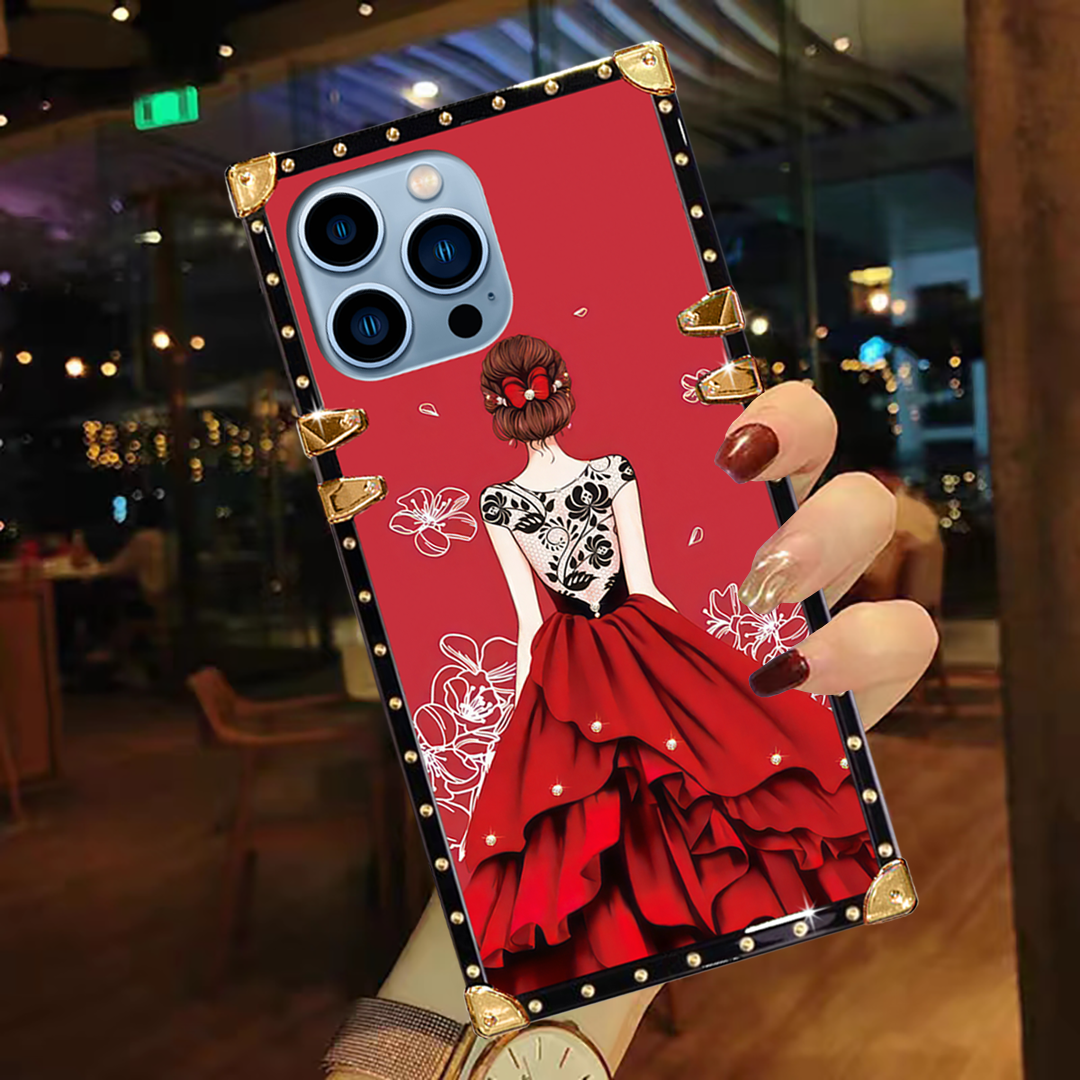 Luxury Brand Dress Girl Gold Square Case For iPhone