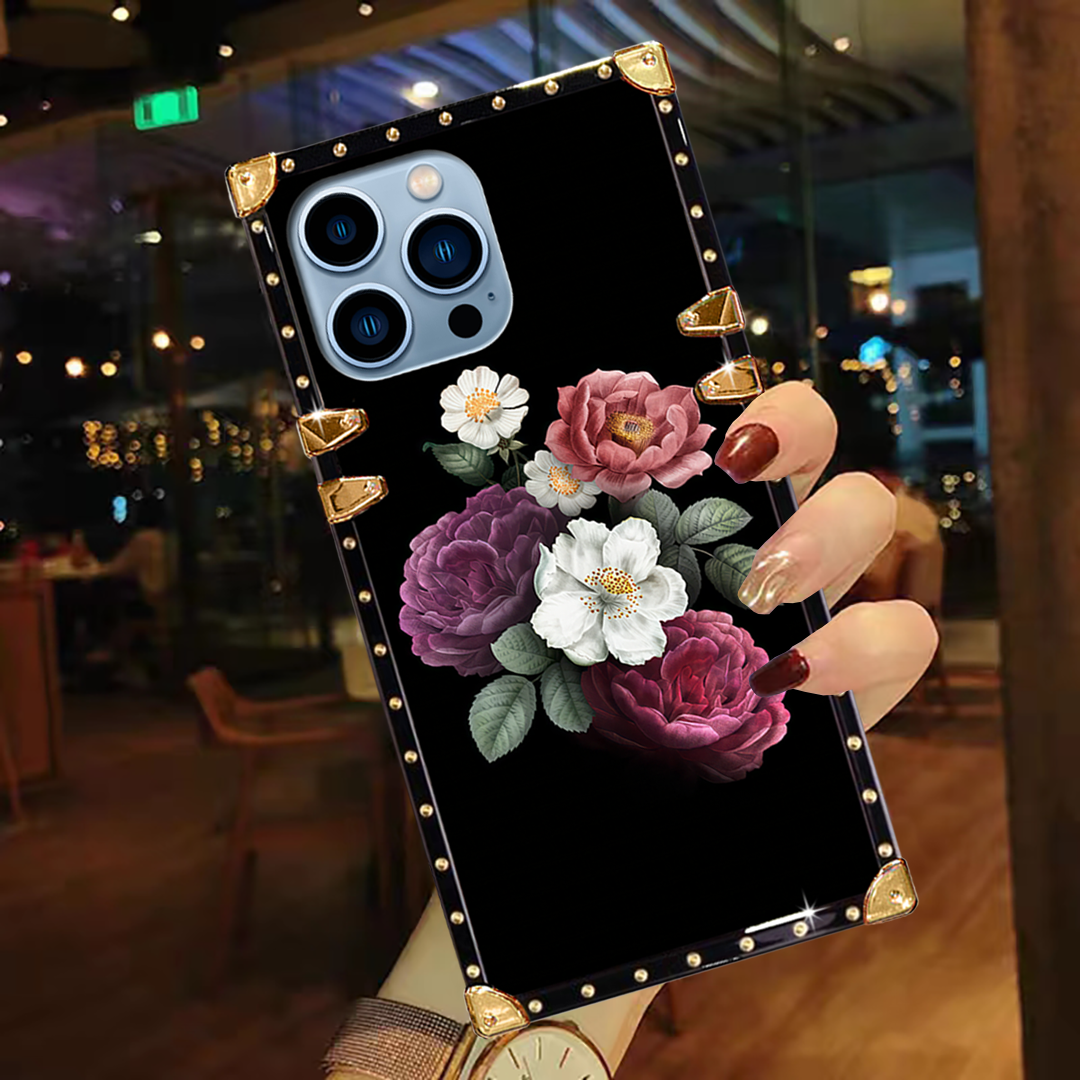 Luxury Brand Floral Gold Square Case For iPhone