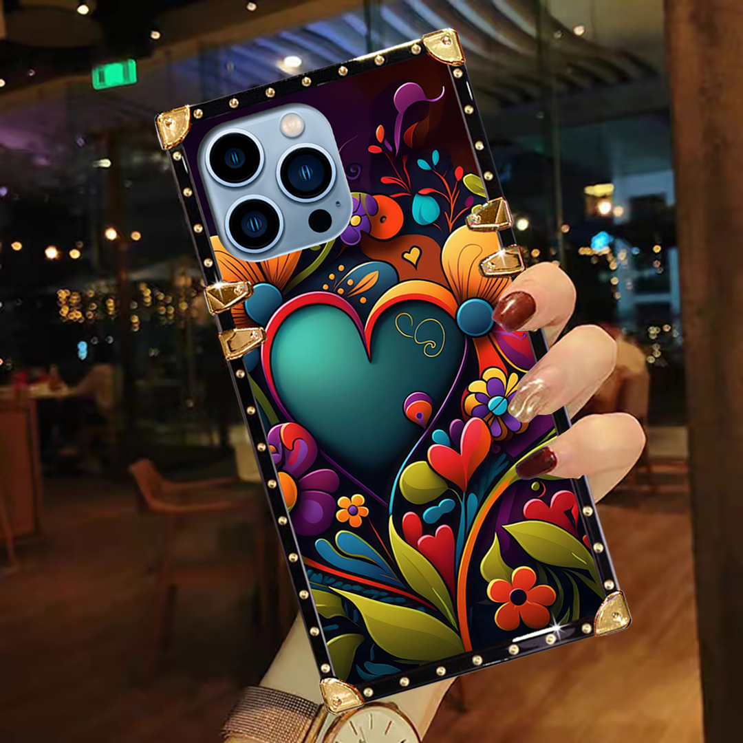 Luxury Brand Colorful Hearts Gold Square Case For iPhone