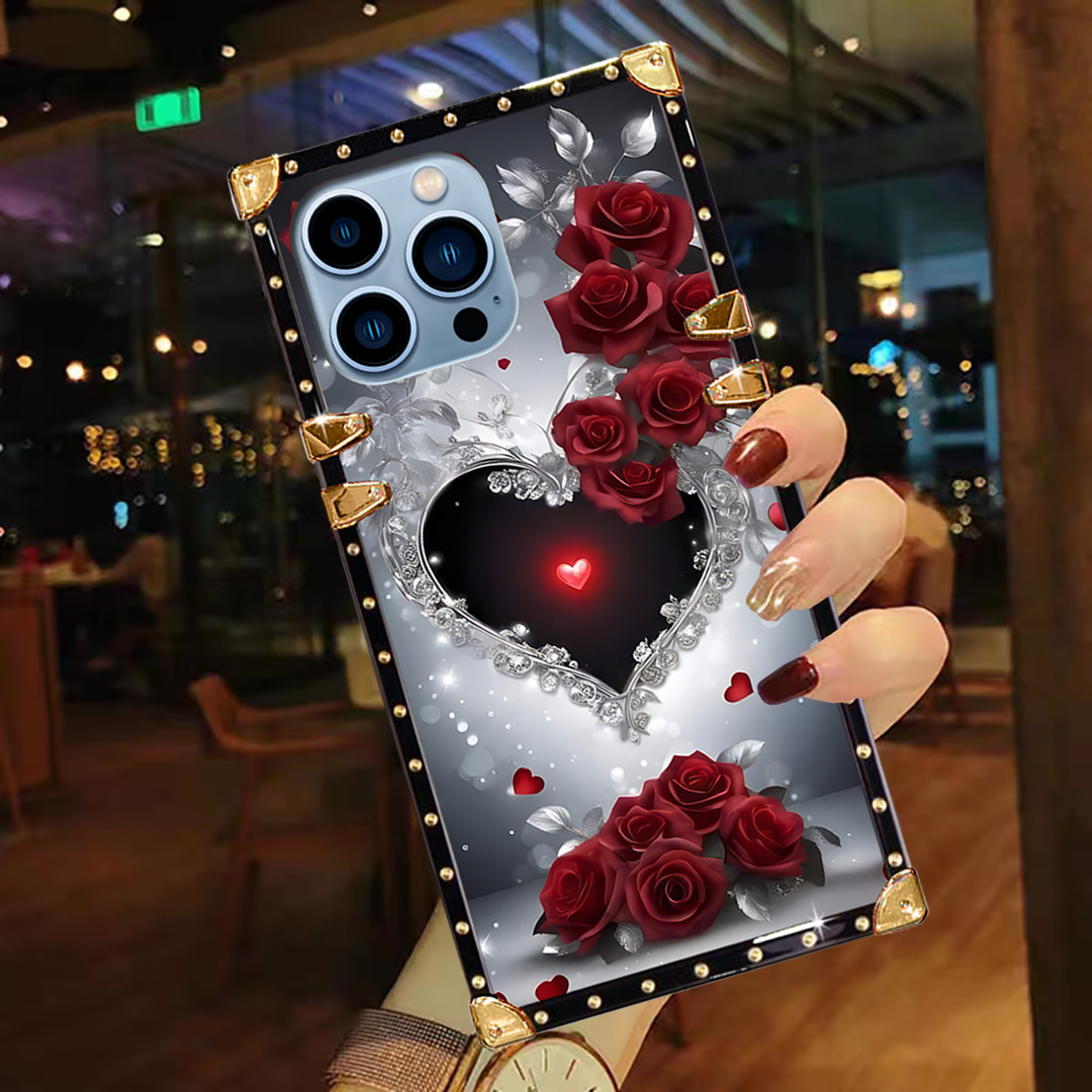 Luxury Brand Rose Diamond Heart Gold Square Case For iPhone
