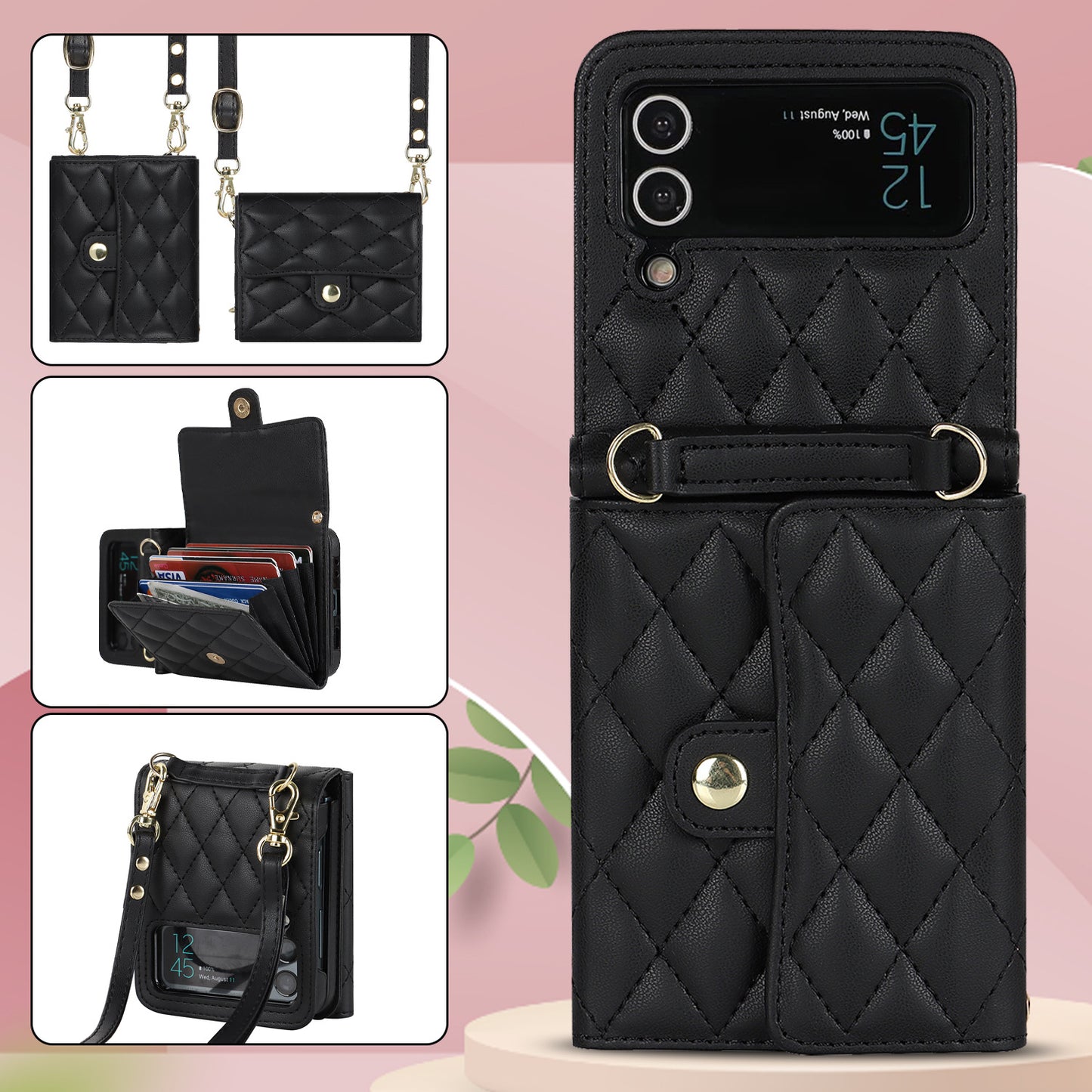 Luxury Leather Card Holder Phone Case With Chain For Samsung Galaxy Z Flip3 Flip4 Flip5 5G - {{ shop_name}} varyfun