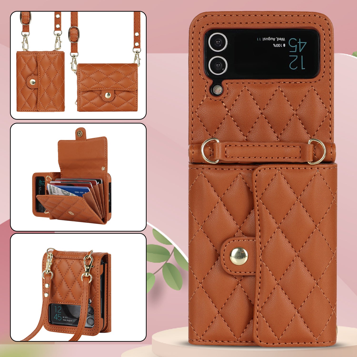 Luxury Leather Card Holder Phone Case With Chain For Samsung Galaxy Z Flip3 Flip4 Flip5 5G - {{ shop_name}} varyfun