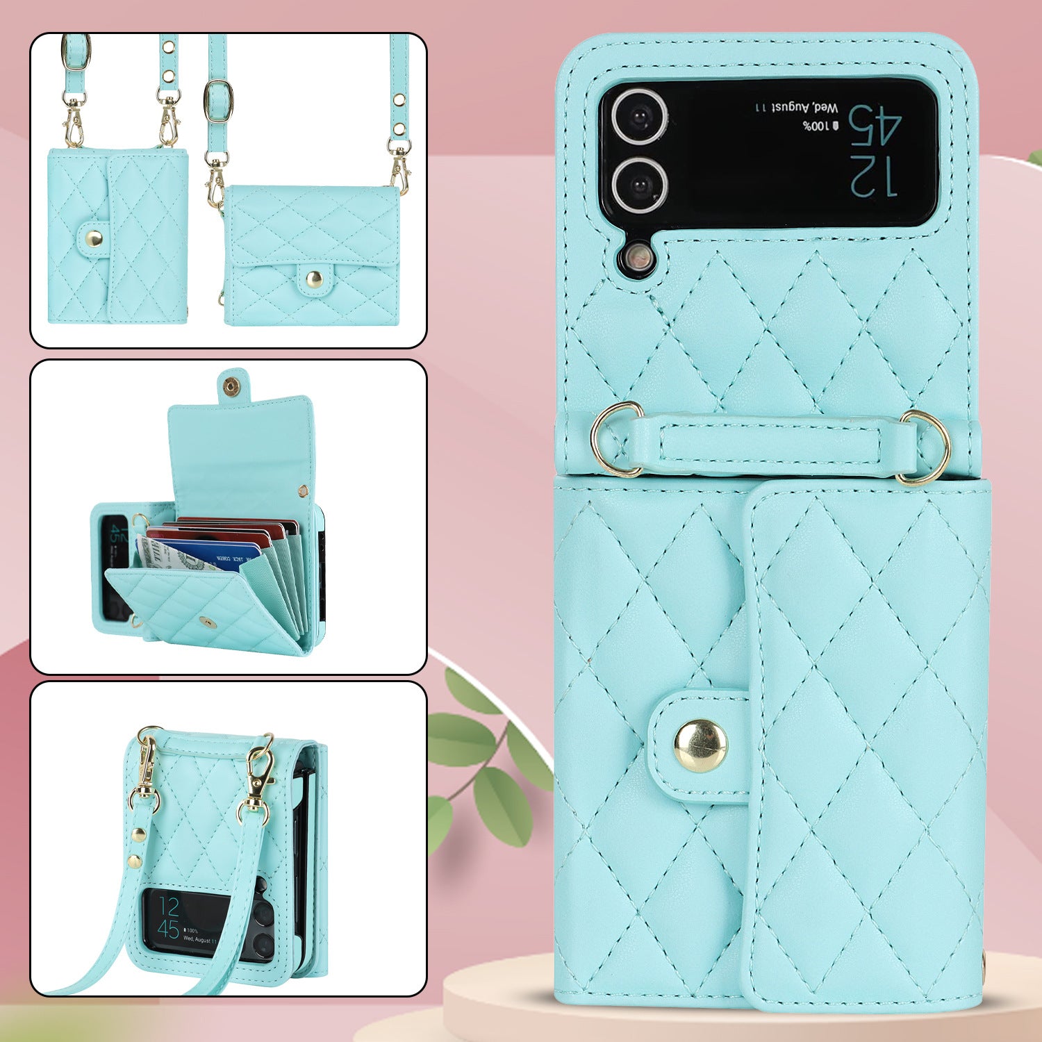 Luxury Leather Card Holder Phone Case With Chain For Samsung Galaxy Z Flip3 Flip4 Flip5 5G - {{ shop_name}} varyfun