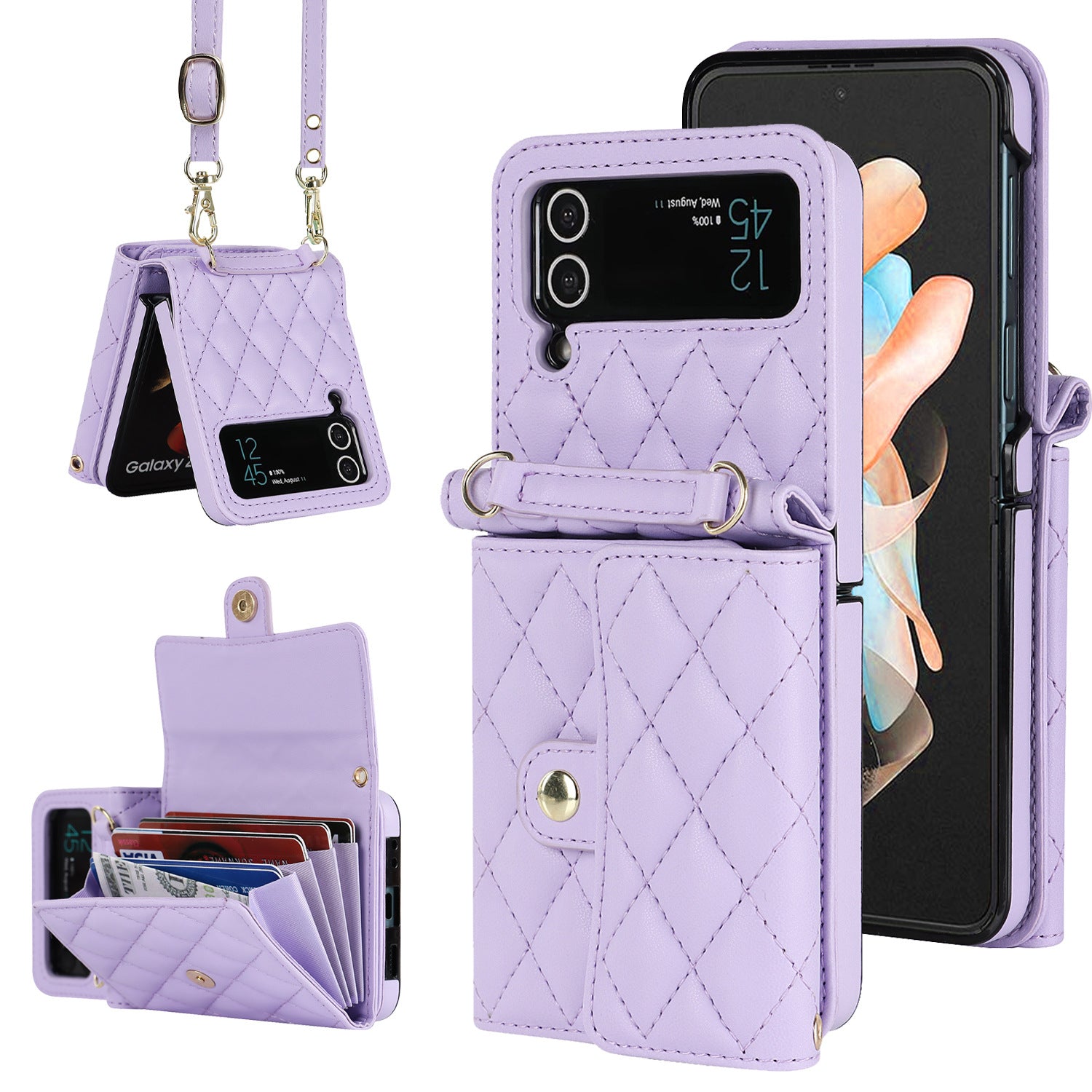 Luxury Leather Card Holder Phone Case With Chain For Samsung Galaxy Z Flip3 Flip4 Flip5 5G - {{ shop_name}} varyfun