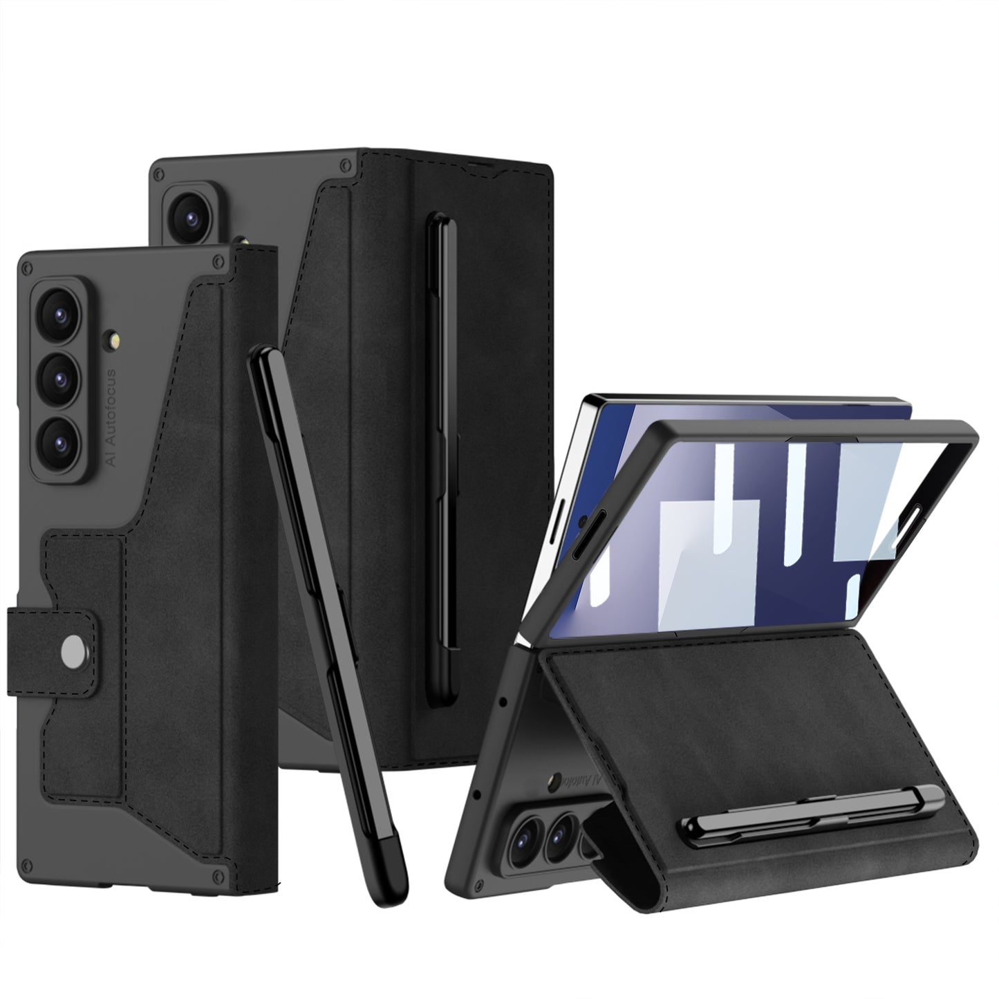 Leather Armor Shockproof Phone Case With Back Screen Film & Pen-Slot For Galaxy Z Fold 7/6/5/4/3