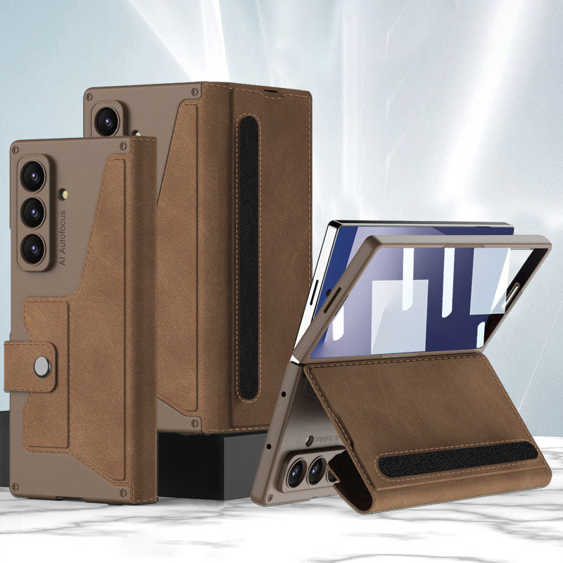 Leather Armor Shockproof Phone Case With Back Screen Film & Pen-Slot For Galaxy Z Fold 7/6/5/4/3