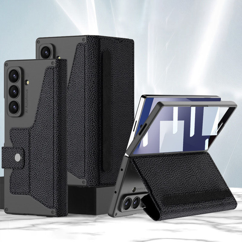Leather Armor Shockproof Phone Case With Back Screen Film & Pen-Slot For Galaxy Z Fold 7/6/5/4/3