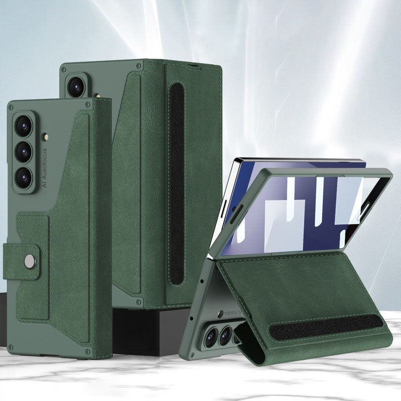 Leather Armor Shockproof Phone Case With Back Screen Film & Pen-Slot For Galaxy Z Fold 7/6/5/4/3