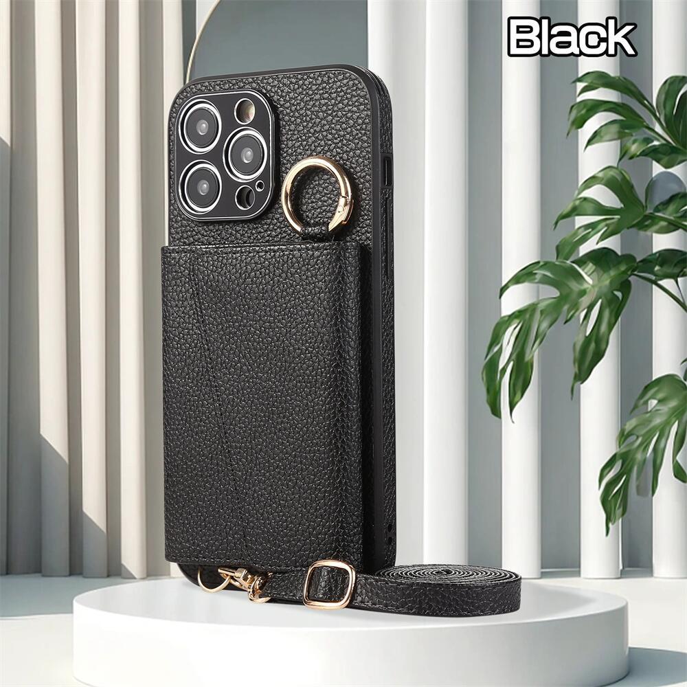 Luxurious Leather Card Holder Anti-fall Protective iPhone Case With Lanyard