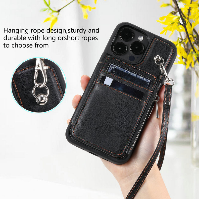 Luxurious Leather Card Holder Anti-fall Protective iPhone Case With Wrist Strap