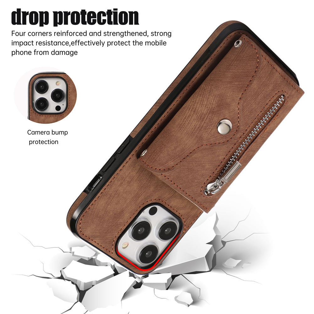 Luxurious Leather Card Holder Anti-fall Protective iPhone Case With Wrist Strap