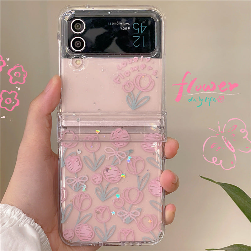 Tulip Flowers Glitter Phone Case With Wristband For Samsung Galaxy Z Flip3 Flip4 Flip5 5G - {{ shop_name}} varyfun