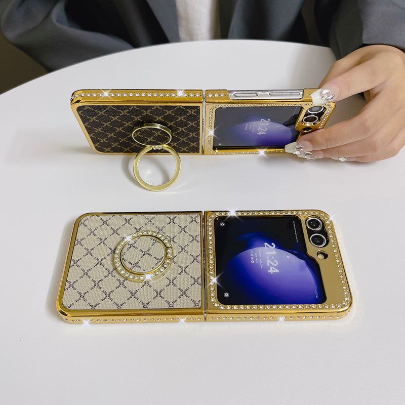 Luxury Gold Electroplated Leather Protective Phone Case With Ring Holder For Samsung Galaxy Z Flip5 Flip4 Flip3