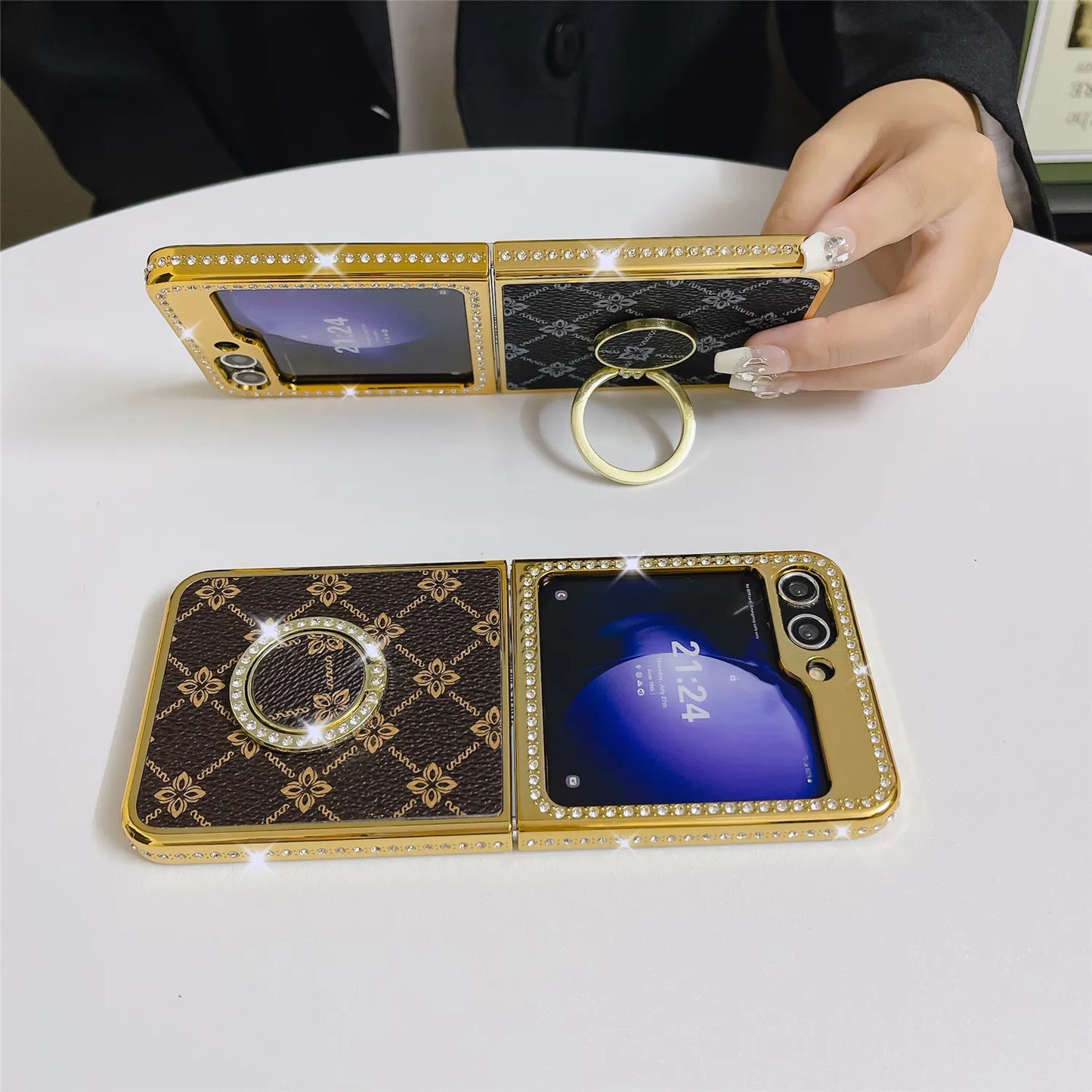Luxurious Gold Electroplated Leather Protective Phone Case With Ring Holder For Samsung Galaxy Z Flip5 Flip4 Flip3