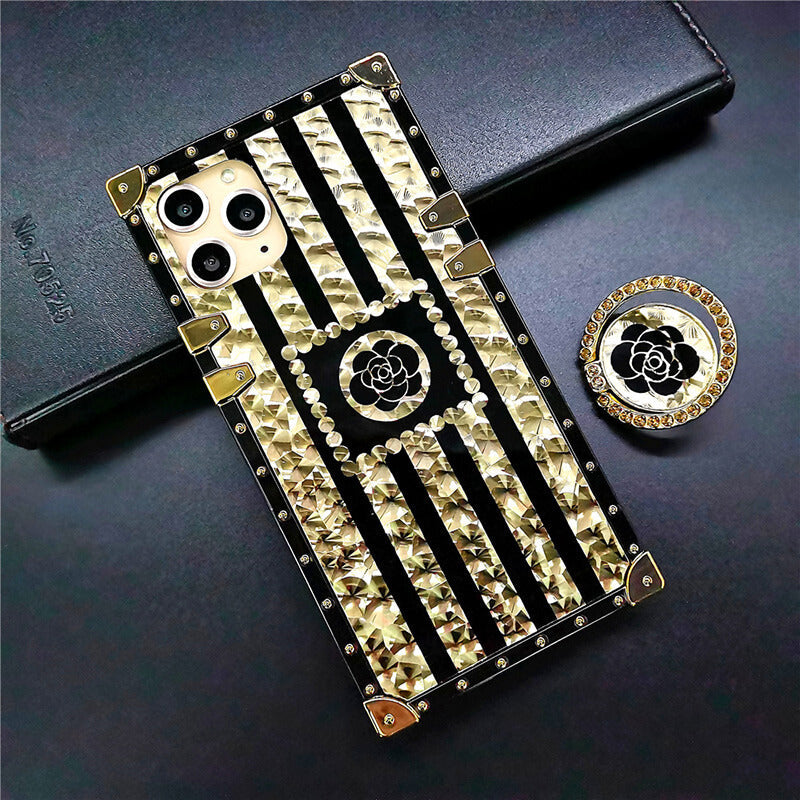 Luxury Brand Black Rose Flower Stripe Glitter Gold Square Case For Samsung Galaxy - {{ shop_name}} Varyfun