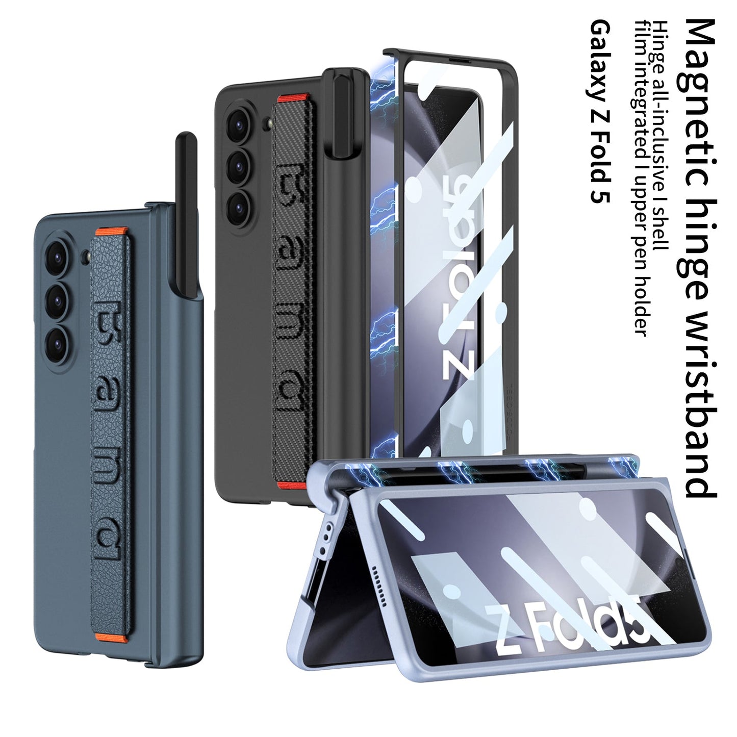 Magnetic Hinge Pen Slot Wristband Holder Phone Case With Back Screen Protector For Samsung Galaxy Z Fold5 Fold4 Fold3