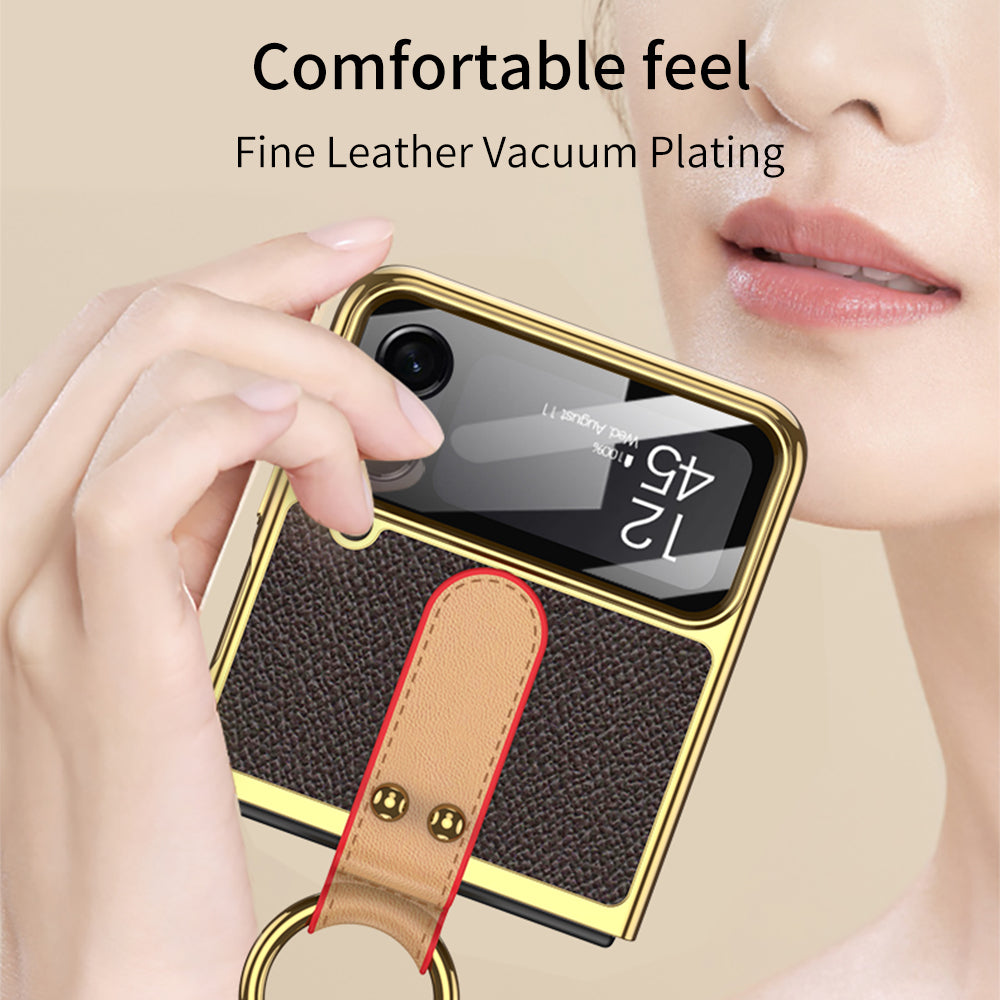 Luxury Leather Back Screen Tempered Glass Hard Frame Cover For Samsung Galaxy Z Flip4 Flip3 5G With Lanyard - {{ shop_name}} varyfun