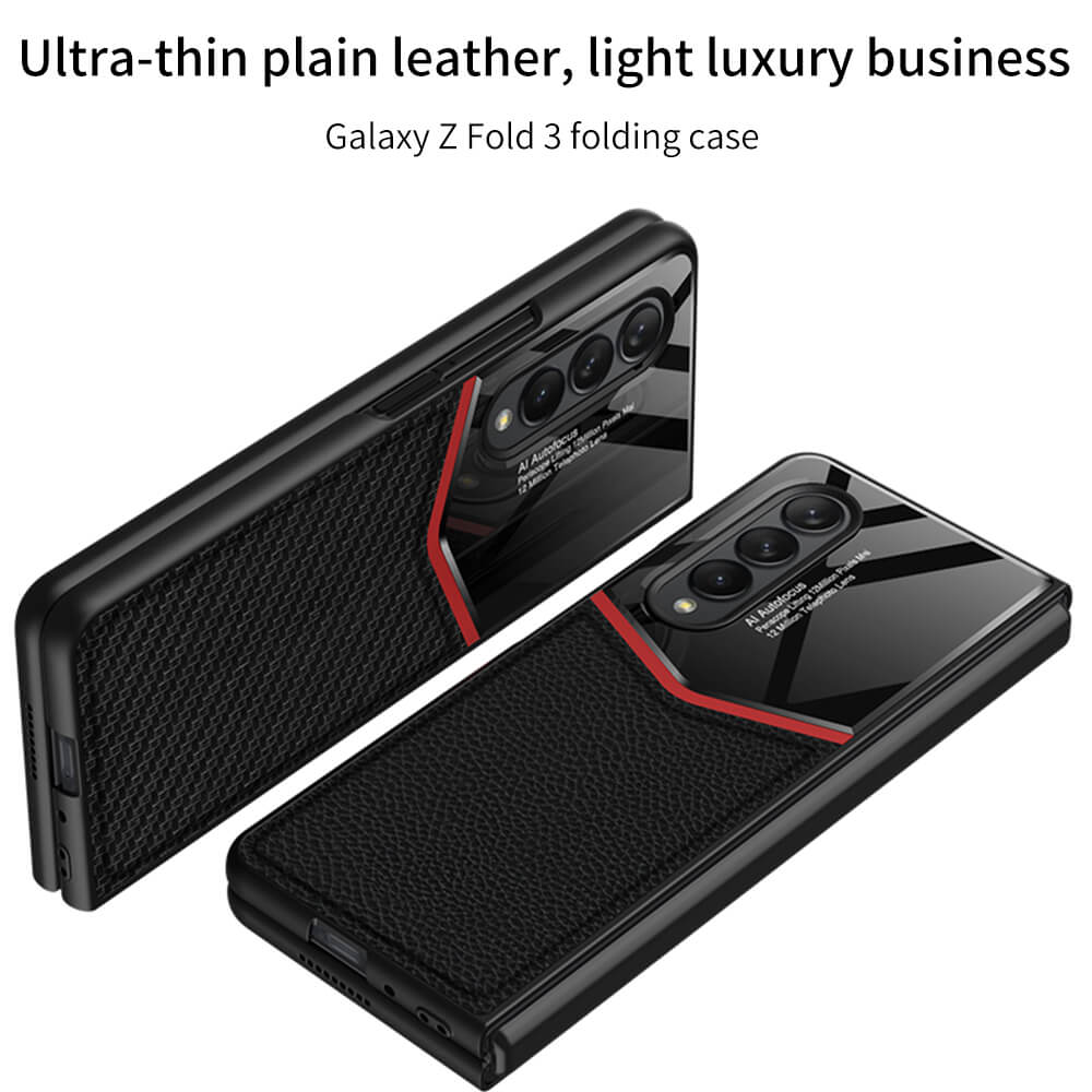 Ultra-thin Plain Leather Luxury Business Tempered Glass Case for Samsung Galaxy Z Fold 3 5G - {{ shop_name}} varyfun