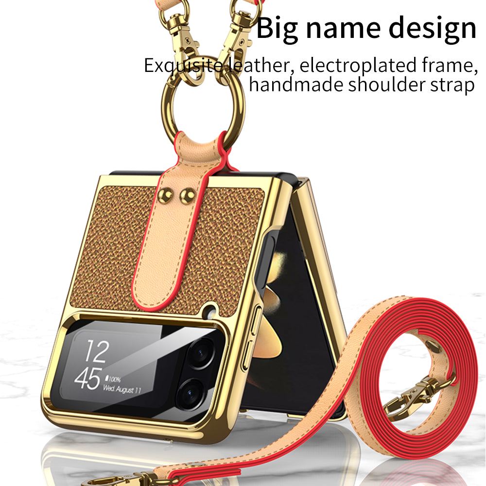 Luxury Leather Back Screen Tempered Glass Hard Frame Cover For Samsung Galaxy Z Flip4 Flip3 5G With Lanyard - {{ shop_name}} varyfun