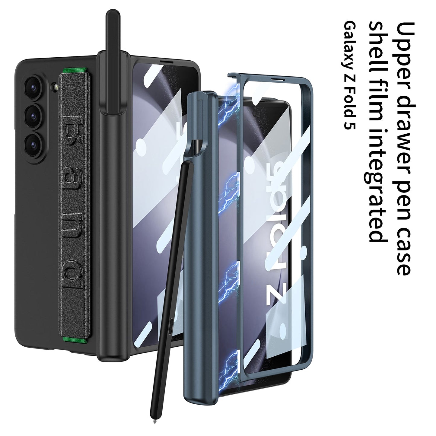 Magnetic Hinge Pen Slot Wristband Holder Phone Case With Back Screen Protector For Samsung Galaxy Z Fold5 Fold4 Fold3