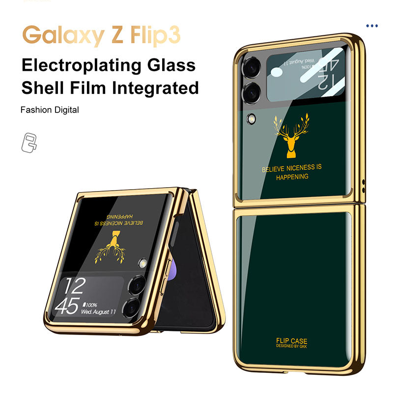 2022 Luxury Deer Pattern Electroplating Tempered Glass Case For Samsung Galaxy Z Flip 3 5G - {{ shop_name}} varyfun