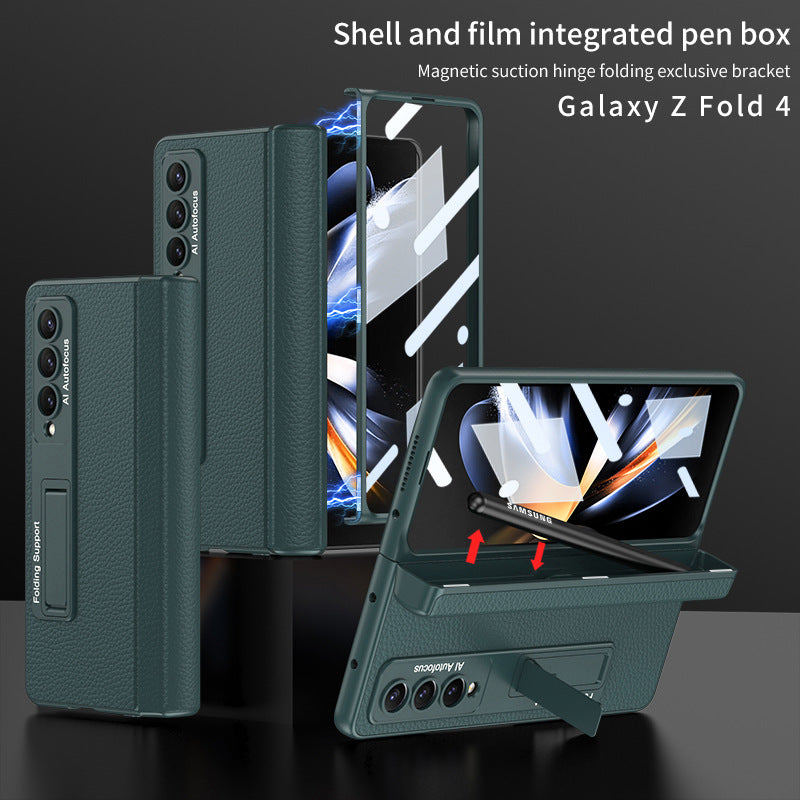Magnetic Hinge Holder Protective Pen Case Leather Phone Case With Back Screen Glass For Samsung Galaxy Z Fold3 Fold4 Fold5 5G - mycasety2023 Mycasety