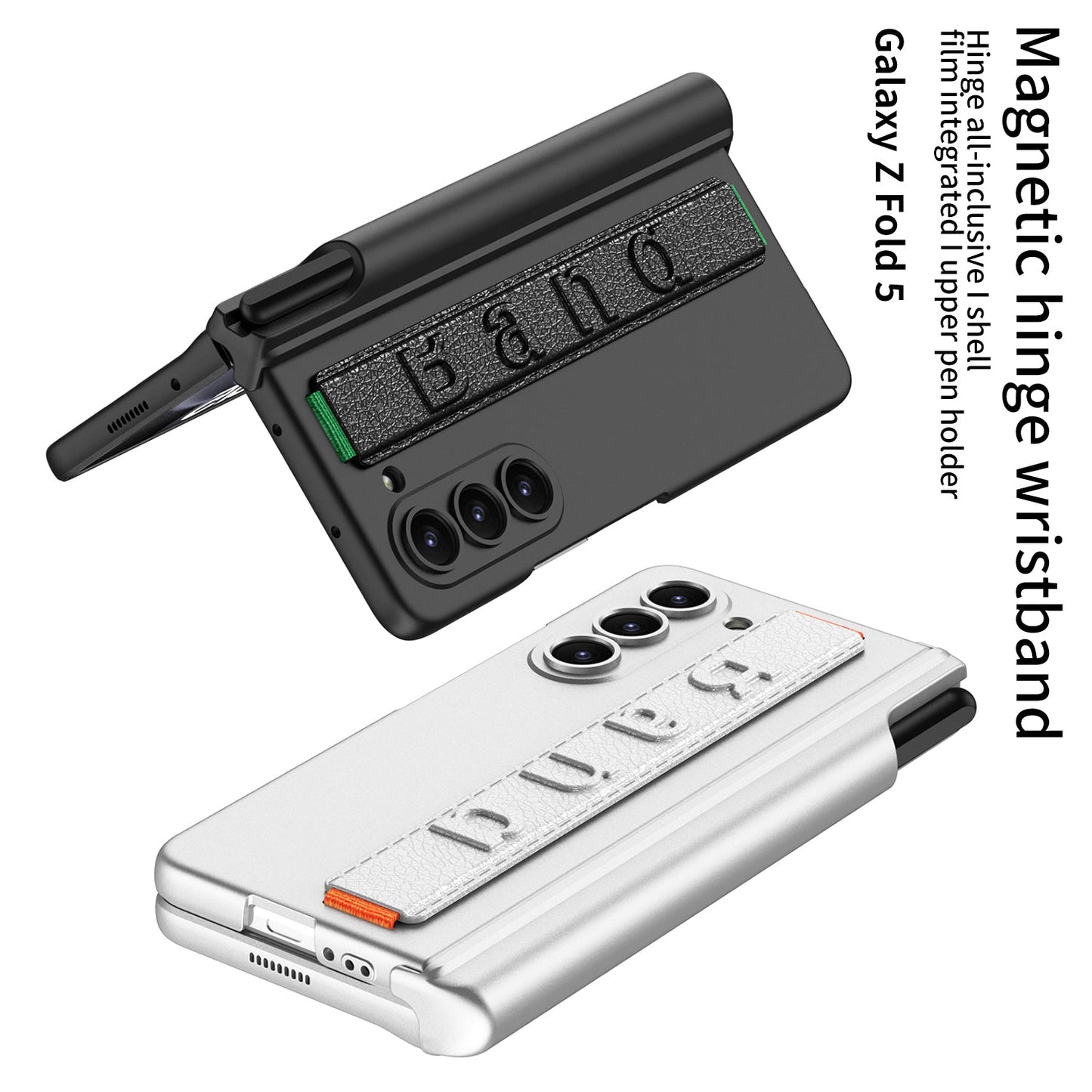 Magnetic Hinge Pen Slot Wristband Holder Phone Case With Back Screen Protector For Samsung Galaxy Z Fold5 Fold4 Fold3