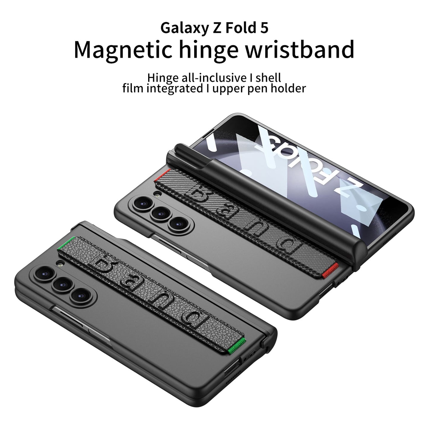 Magnetic Hinge Pen Slot Wristband Holder Phone Case With Back Screen Protector For Samsung Galaxy Z Fold5 Fold4 Fold3