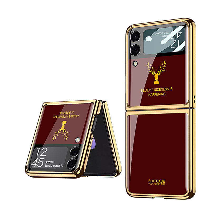 2022 Luxury Deer Pattern Electroplating Tempered Glass Case For Samsung Galaxy Z Flip 3 5G - {{ shop_name}} varyfun