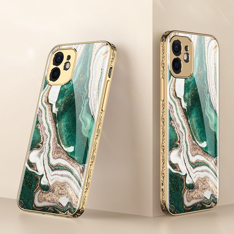 Luxury Baroque Marble Pattern Plating Anti-knock Protection Tempered Glass Case For iPhone - {{ shop_name}} varyfun