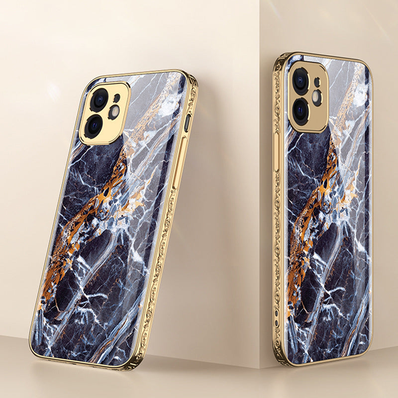 Luxury Baroque Marble Pattern Plating Anti-knock Protection Tempered Glass Case For iPhone - {{ shop_name}} varyfun