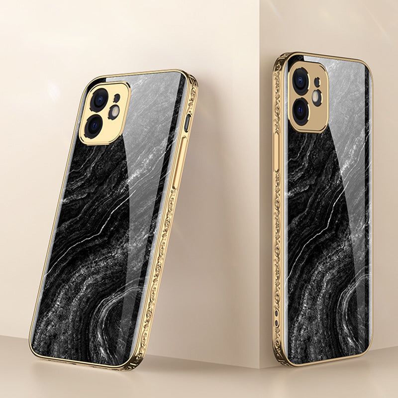 Luxury Baroque Marble Pattern Plating Anti-knock Protection Tempered Glass Case For iPhone - {{ shop_name}} varyfun