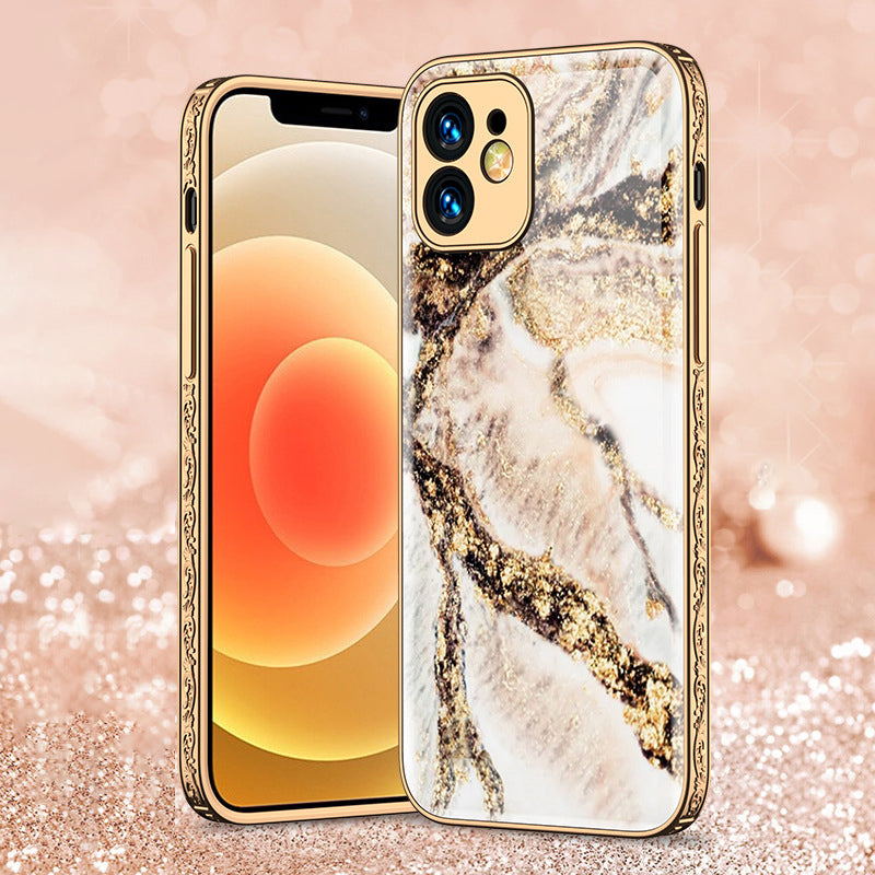 Luxury Baroque Marble Pattern Plating Anti-knock Protection Tempered Glass Case For iPhone - {{ shop_name}} varyfun