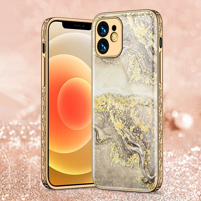 Luxury Baroque Marble Pattern Plating Anti-knock Protection Tempered Glass Case For iPhone - {{ shop_name}} varyfun