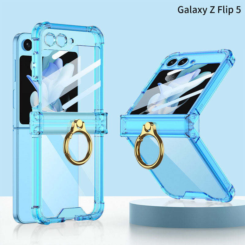 Samsung Galaxy Z Flip 5 Hinge Full Coverage Airbag Phone Case with Ring Front Screen Tempered Glass Protector - mycasety2023 Mycasety