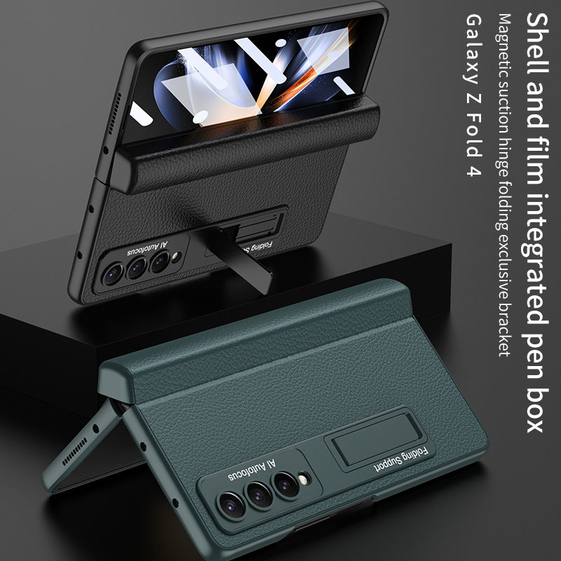 Magnetic Hinge Holder Protective Pen Case Leather Phone Case With Back Screen Glass For Samsung Galaxy Z Fold3 Fold4 Fold5 5G - mycasety2023 Mycasety