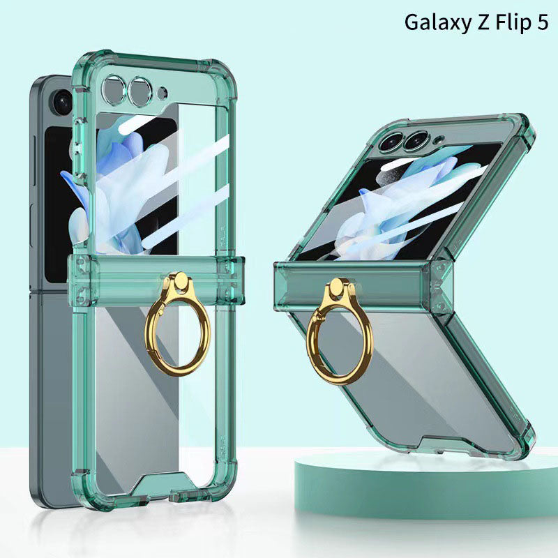Samsung Galaxy Z Flip 5 Hinge Full Coverage Airbag Phone Case with Ring Front Screen Tempered Glass Protector - mycasety2023 Mycasety
