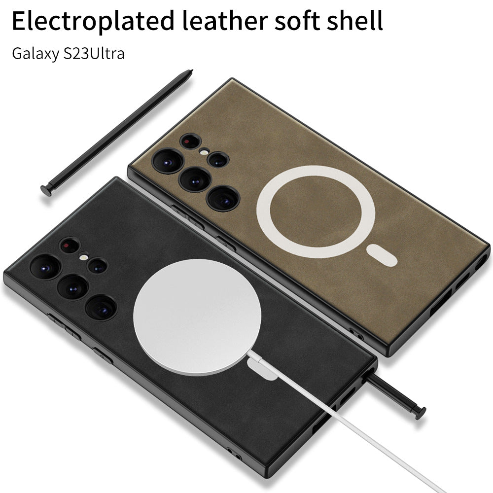 Electroplated Leather Phone Case With MagSafe Charging Coil For Samsung Galaxy S23 Series - {{ shop_name}} varyfun