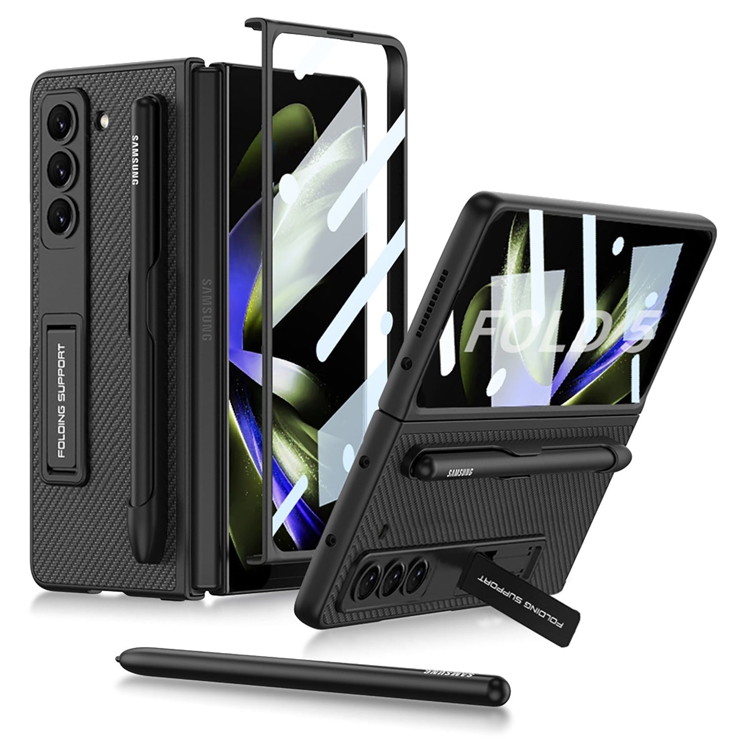 Slim Leather Samsung Galaxy Z Fold 5 Case with Front Screen Tempered Glass Protector & Pen Slot & Stylus - {{ shop_name}} varyfun