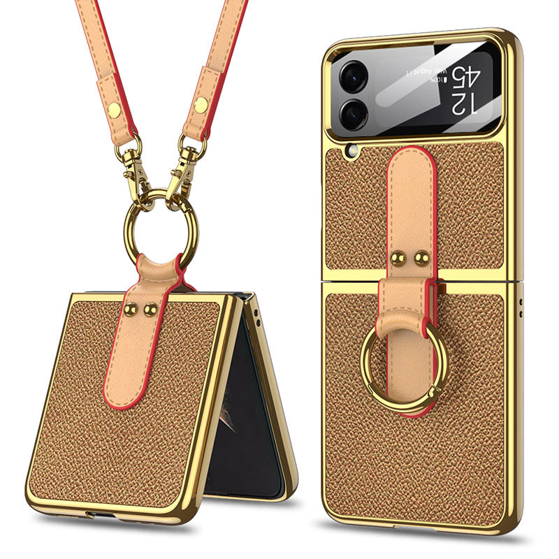 Luxury Leather Back Screen Tempered Glass Hard Frame Cover For Samsung Galaxy Z Flip4 Flip3 5G With Lanyard - {{ shop_name}} varyfun