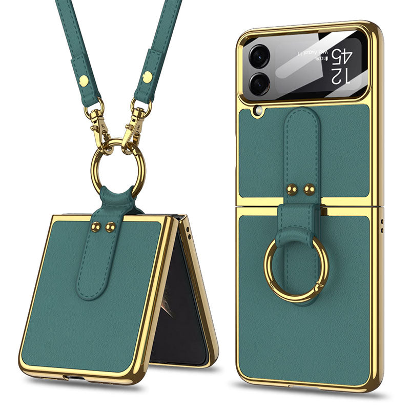 Luxury Leather Back Screen Tempered Glass Hard Frame Cover For Samsung Galaxy Z Flip4 Flip3 5G With Lanyard - {{ shop_name}} varyfun