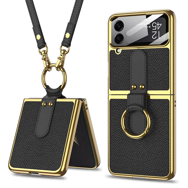 Luxury Leather Back Screen Tempered Glass Hard Frame Cover For Samsung Galaxy Z Flip4 Flip3 5G With Lanyard - {{ shop_name}} varyfun