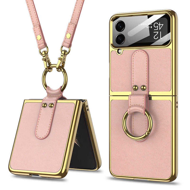 Luxury Leather Back Screen Tempered Glass Hard Frame Cover For Samsung Galaxy Z Flip4 Flip3 5G With Lanyard - {{ shop_name}} varyfun