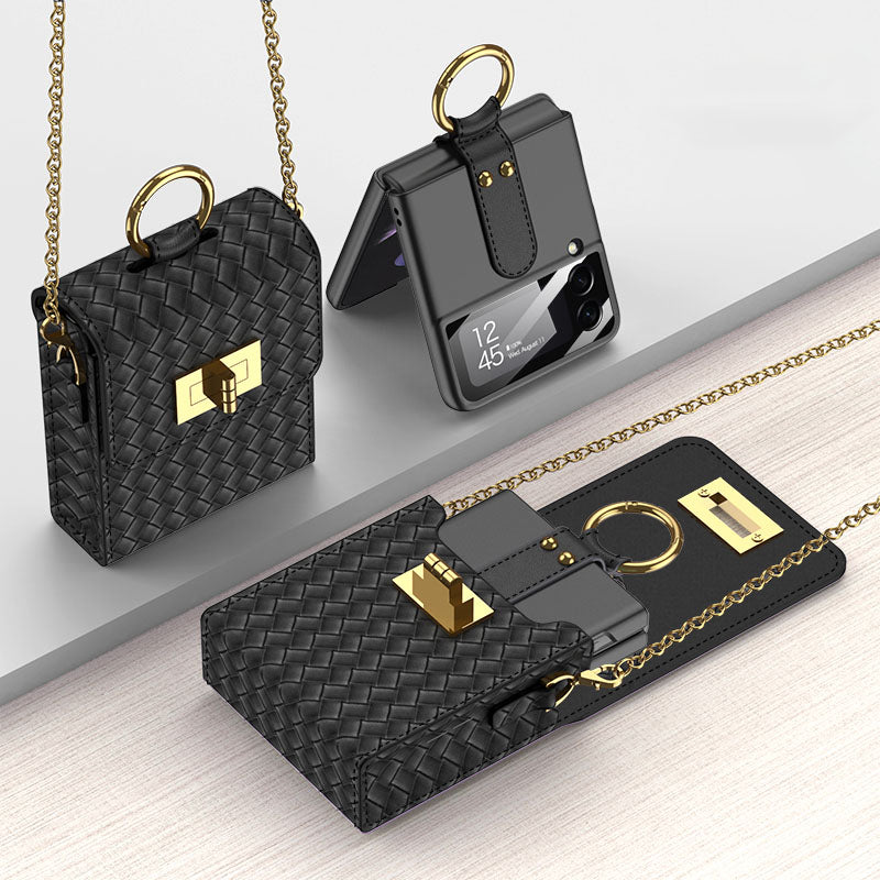 Luxury Leather Mini Phone Bag with Gold Chain For Samsung Galaxy Z Flip4 Flip3 5G - mycasety2023 Mycasety